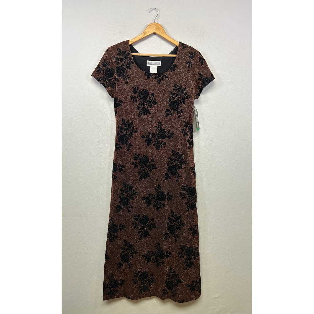 90s Glam Jessica Howard Womens 10 Bronze Black Metallic Velvet Floral Maxi Dress